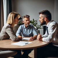 Mediation procedure: a mediator sits at a round table with a husband and wife. Husband and wife are arguing.