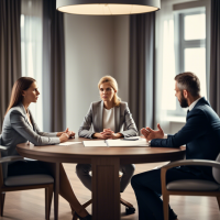 Mediation procedure: a female mediator sits at a round table. The husband and wife are present at the procedure. Husband and wife are arguing.