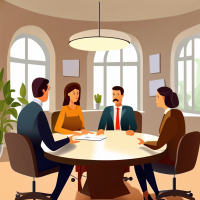 Mediation procedure: a female mediator sits at a round table. The husband and wife are present at the procedure. Husband and wife are arguing.