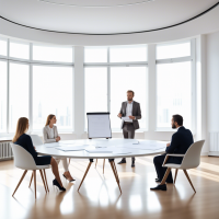Mediation procedure: a female mediator sits at a round table in a bright, empty room with a flip chart. The husband and wife are present at the procedure. Husband and wife are arguing.
