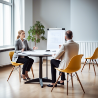 Mediation procedure: a female mediator is sitting at a round table in a bright, empty room with a flip chart. The husband and wife are present at the procedure. Husband and wife are arguing. There are only three people in the room