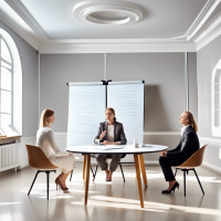Mediation procedure: there is a flip chart in a bright, empty room. A female mediator is sitting at a round table. The husband and wife are present at the procedure. Husband and wife are arguing.